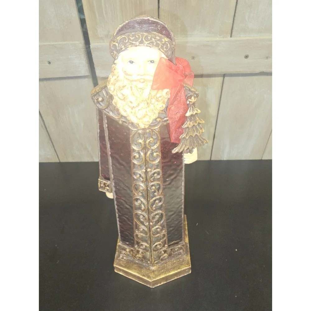 Vintage Old World Santa Stained Glass Candle Holder 15.5